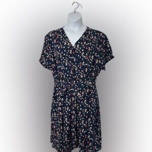 Floral Print Swing Boho V Neck Short Sleeve Casual Dress with belt Pocket sz 22